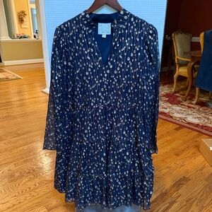 Sail to Sable Navy Lurex Clip Dot Sleeve Tunic Flare Dres--Size Large